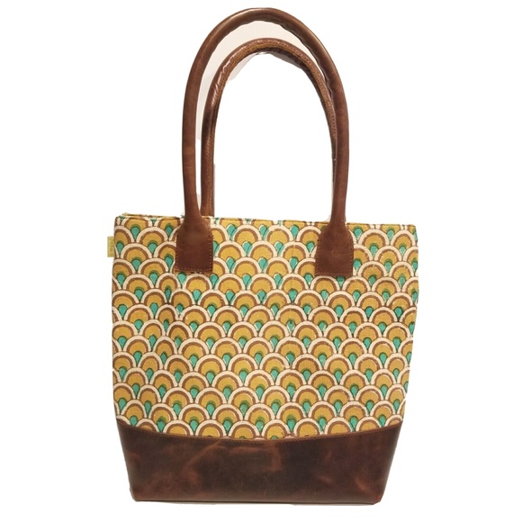 JOYN Cotton Tote Arch Print Brown Leather Yellow Green Shoulder Bag Lined Pocket - Picture 2 of 14